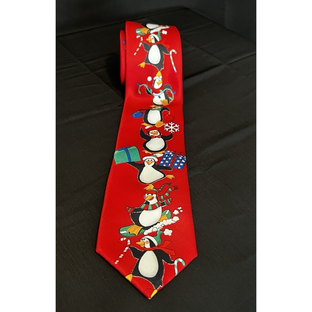 Mens‎ Holiday Christmas Red Necktie w/ Festive Penguins Presents Candy Canes